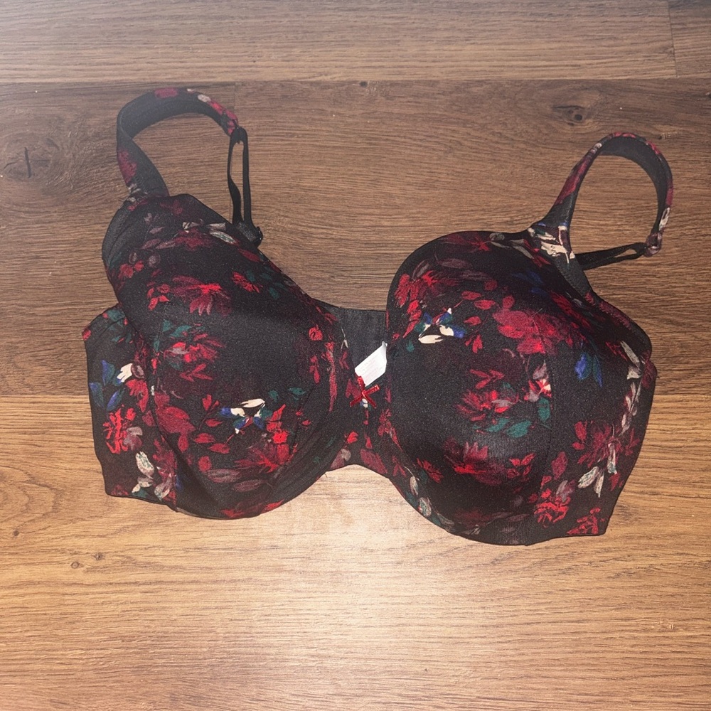 Cacique Black and Red Floral Bra